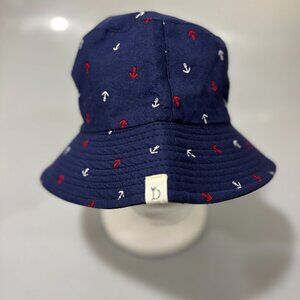 Navy Blue Nautical Red White Anchors Cotton Bucket Hat One Size NEW